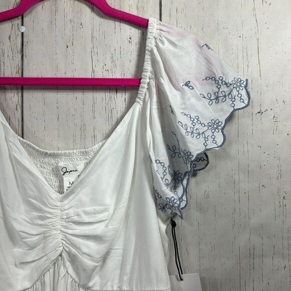 Japna Embroidered White Pleated Boho Short Sleeves Summer Beachy Blouse - Picture 4 of 12